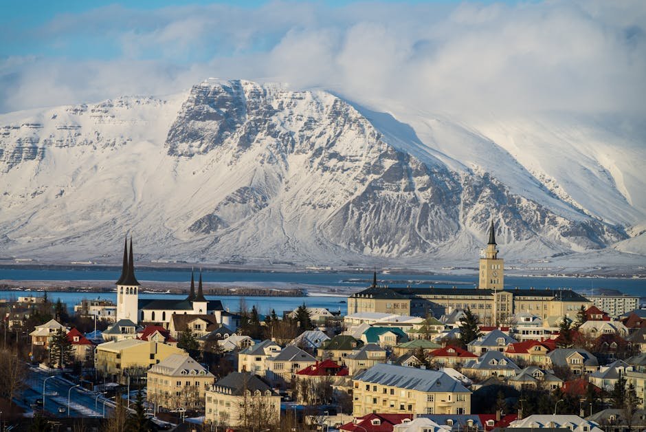 Panorama de Reykjavik avec ses toits colores et montagnes enneigees en arriere-plan